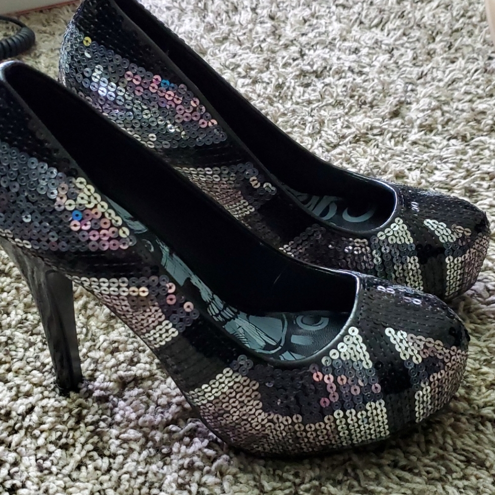 Iron fist black and silver sequin heels